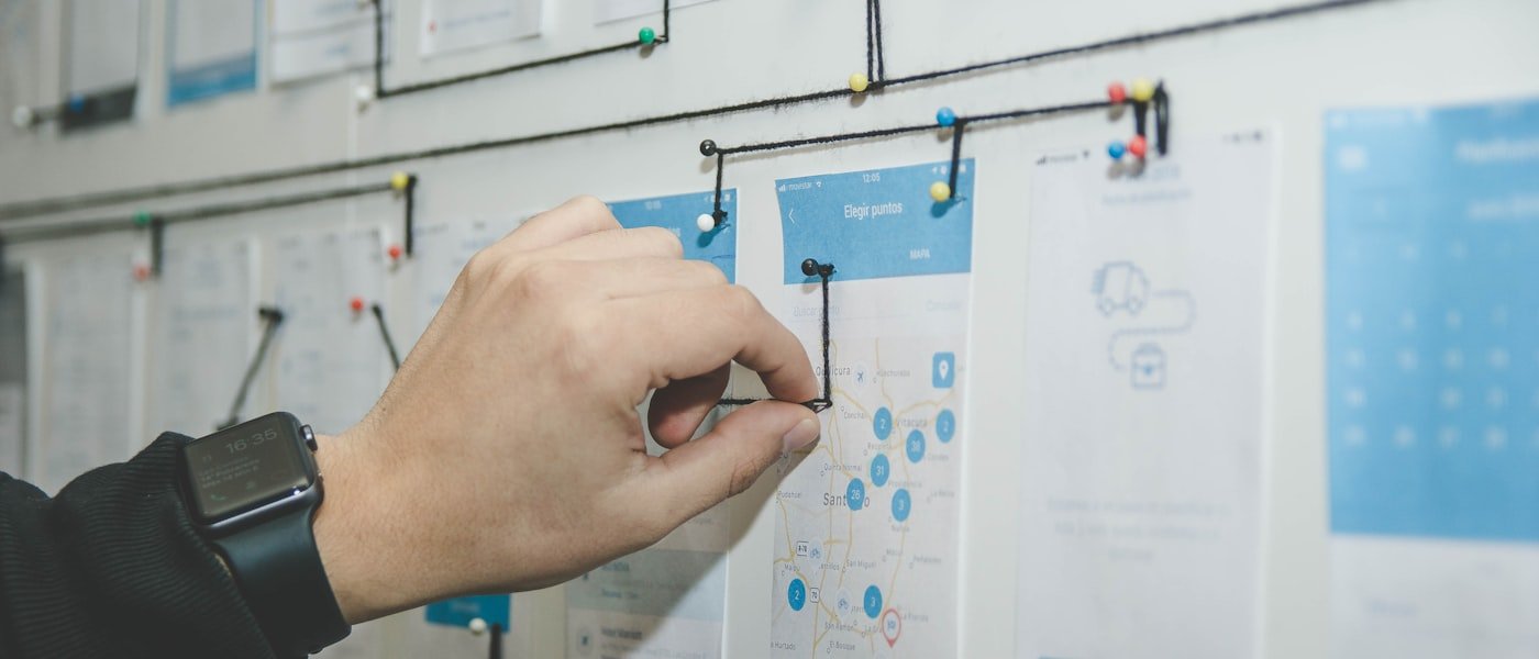 A team mapping a process out on a whiteboard