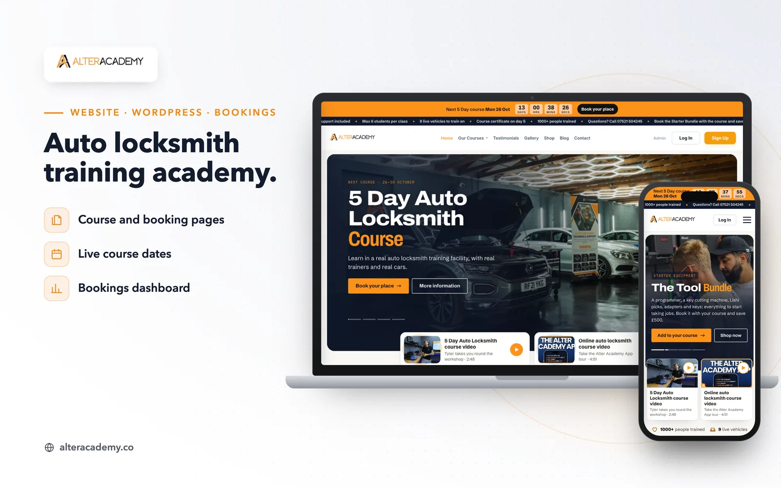 Alter Academy: the live site on a laptop and a phone