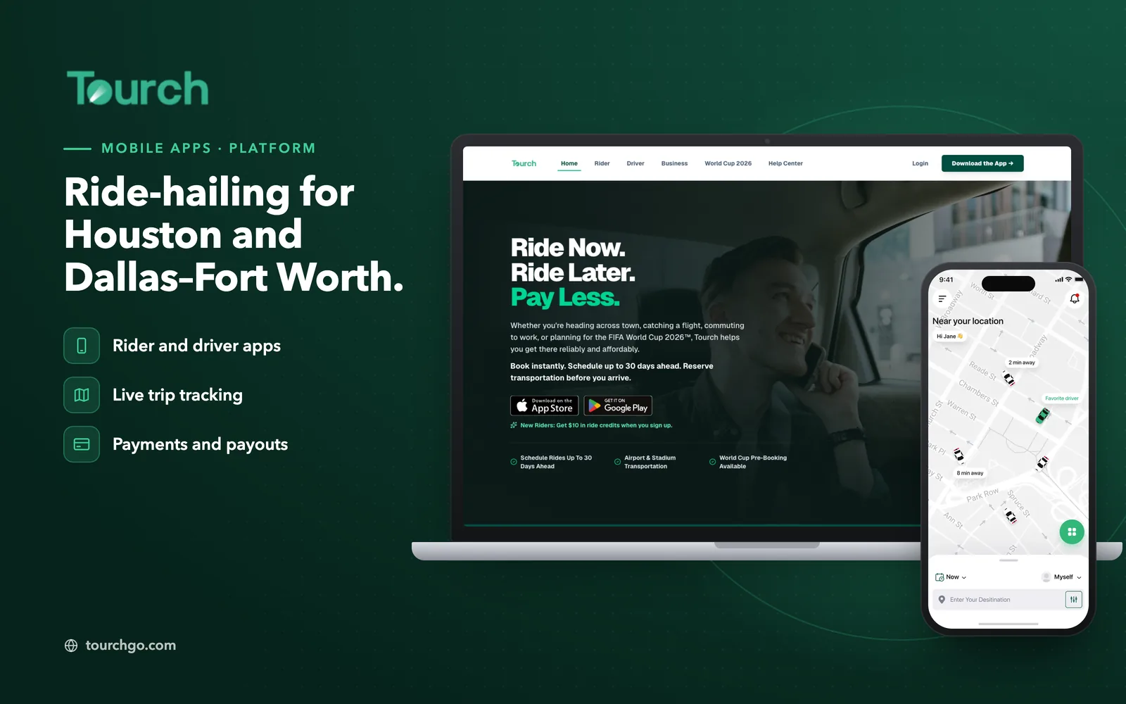 Tourch: the live site on a laptop and a phone