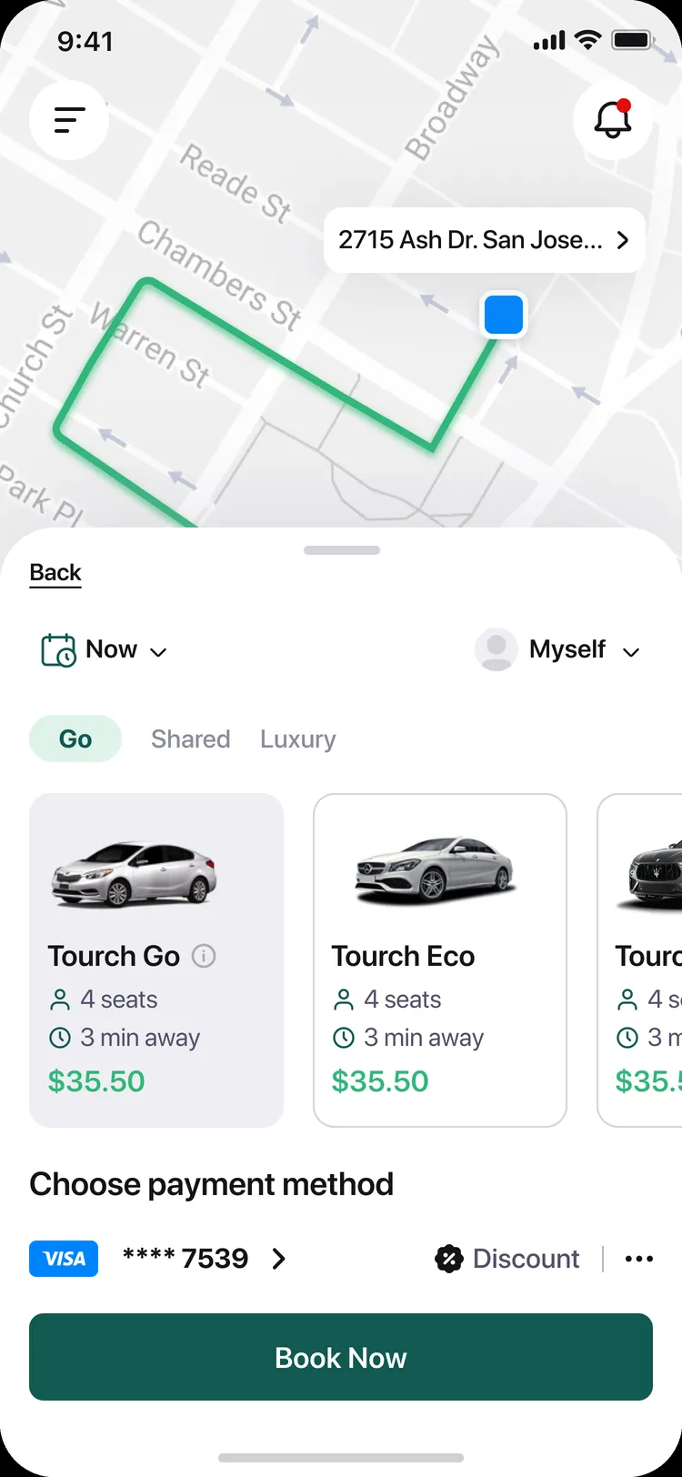 Tourch: Choosing a ride and paying