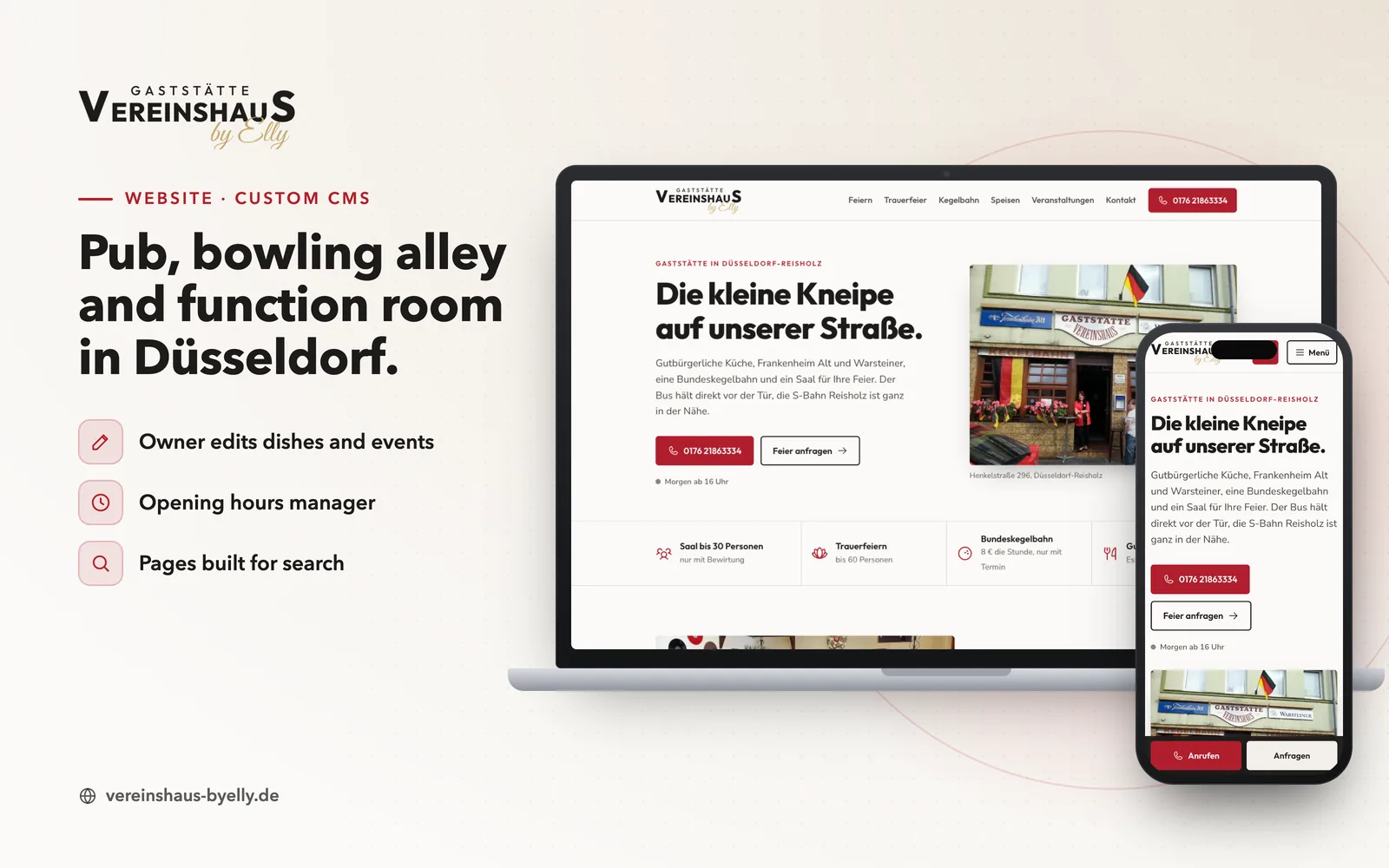 Gaststätte Vereinshaus by Elly: the live site on a laptop and a phone